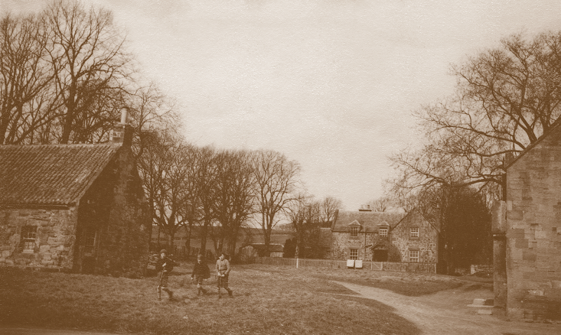 Tyninghame schoolhouse and village green, 1940s.